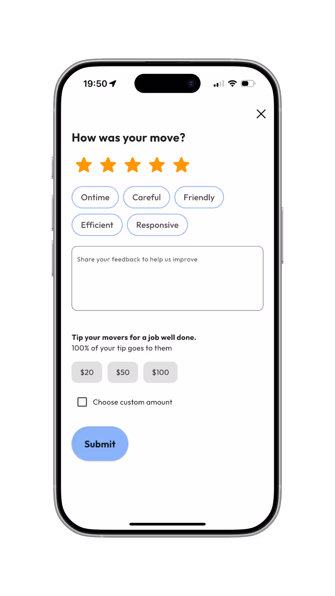 Giving review and tip screen